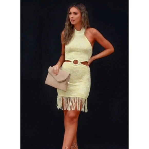 Lush Knitted Dress Womens Large Yellow Miami Bound Halter Fringe Hem Boho Beachy - Picture 2 of 10